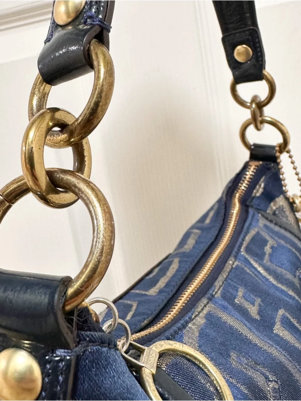 Coach Poppy Story Patch Bag Navy Metallic Gold Graffiti Satin 2Way